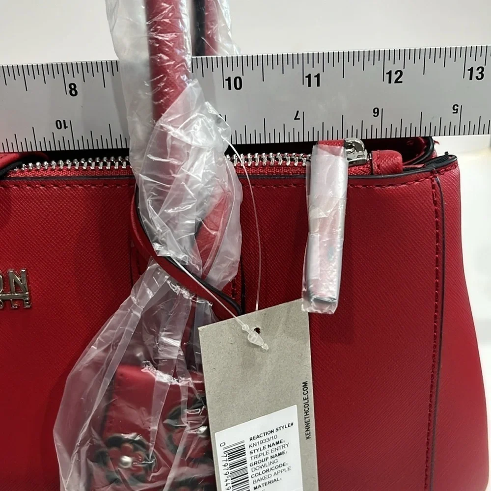 REACTION KENNETH COLE SHOULDER STRAP TRIPLE ENTRY SATCHEL, RED, W/BAG CHARM, NWT
